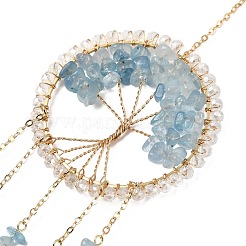 Проволочная натуральная аквамариновая крошка дерево жизни подвесные призматические украшения для окон&nbsp;HJEW-TA00283-01