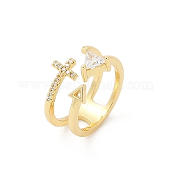 Кольца-манжеты с крестом и треугольником из латуни с микропаве из прозрачных кубических цирконий для женщин RJEW-G343-22G