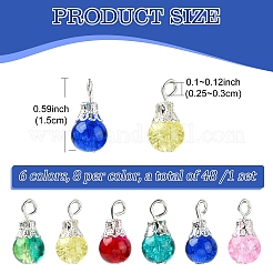 6色のクラックガラスビーズペンダント48個  銀鉄のパーツで  ラウンド  ミックスカラー  15mm  穴：2.5~3mm  8個/カラー&nbsp;PALLOY-YW00042