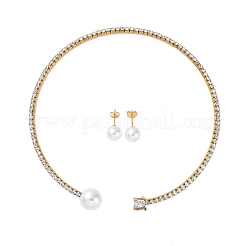 Круглые пластиковые серьги-гвоздики с имитацией жемчуга и квадратные ожерелья-чокеры с кубическими цирконами и стразами SJEW-U003-02G