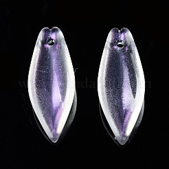 透明スプレー塗装ガラスペンダント  グリッターパウダー付き  葉  紫色のメディア  21.5x8x5mm  穴：1.2mm&nbsp;GGLA-S054-015B-02