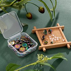 50個5スタイルイオンプレーティング(IP)304ステンレススチールスタッドピアスセッティング  フラットラウンド  プラスチック製のピアスキャッチで  虹色  9~17x6.5~14.5mm  穴：1.6~1.8mm  ピン：0.7mm  トレイ：4~12mm  10個/スタイル&nbsp;STAS-LS0001-53MC