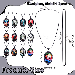 12 шт. 12-цветный готический овальный кулон из цинкового сплава и стекла на шнуре из черной искусственной кожи&nbsp;NJEW-WR0001-08