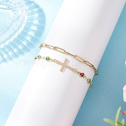 Цепочка-скрепка из нержавеющей стали 304 и цепочка-лэмпворк ручной работы с элементами сглаза BJEW-JB12451-03