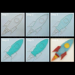 ロケット模様DIYストリングアートキットセット  ハンマー入り  木の板  プラスチックホルダーアクセサリー  合金の釘とネジ  はさみ  ポリエステル糸  15x15x0.85cm&nbsp;DIY-F070-04