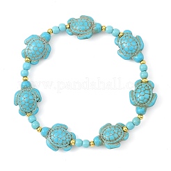 Bracciali elastici da donna e uomo con perline sintetiche turchesi e ottone&nbsp;BJEW-JB13876-02