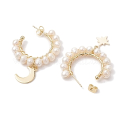 Серьги-кольца с подвесками из натурального жемчуга «луна и звезды» EJEW-JE05895-02