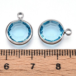 K9ガラスチャーム  フラットラウンド  真鍮パーツ  多面カット  プラチナ  空色  13.5~14x10.5~11x3.5~4mm  穴：1.8mm&nbsp;GLAA-T023-37B-04