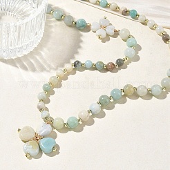 Collier rond à perles avec pendentif trèfle en amazonite naturelle et fermoirs en forme de cœur pour la Saint-Patrick&nbsp;NJEW-G202-02G-03