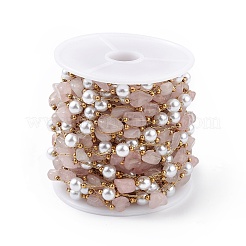 Pepita di quarzo rosa naturale e catena di perle di vetro imitazione perla&nbsp;CHS-C006-02D