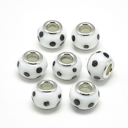 Perles européennes vernissées manuelles, en laiton de platine noyaux doubles, Perles avec un grand trou   , rondelle avec spot, blanc, 14x10mm, Trou: 5mm