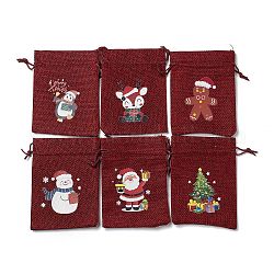 6 個 6 スタイルのクリスマステーマ長方形ジュートバッグ  ナイロンコード付き  巾着ポーチ  ギフト包装用  暗赤色  13~13.6x9.7~10x0.45cm  1個/スタイル