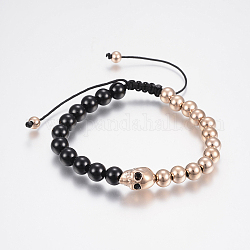 Bracelets de perles tressées en agate noire naturelle, Avec 304 perles en acier inoxydable et strass, crane, or rose, 2-1/4 pouce ~ 3-1/2 pouces (58~90 mm)