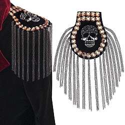 Charreteras de borla de moda pandahall elite 2pcs, insignia de hombro de calavera de aleación, con cadenas de hierro, Diamantes de imitación de cristal, fornituras de tela, gunmetal, 205x77x7mm