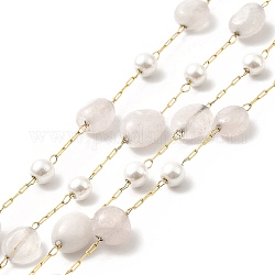 Ion Plating(IP) 316 Surgical Stainless Steel Paperclip Chains, with Natural Rose Quartz Nuggets Beads and Glass Beads, Soldered, Real 18K Gold Plated, with Spool, Link: 2.5x1x0.5mm