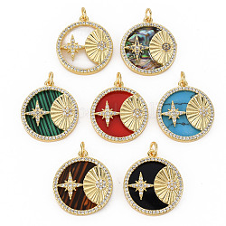 Brass Micro Pave Clear Cubic Zirconia Pendants, with Shell & Synthetic Stone & Acrylic and Jump Ring, Real 16K Gold Plated, Flat Round with Star, Nickel Free, Mixed Color, 22x19x3.5mm, Jump Ring: 5x1mm, 3mm inner diameter