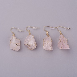 Natural Rose Quartz Dangle Earrings, with Brass Findings and Plastic Ear Nuts, Nuggets, Golden, 22~50x10~23mm, Pin: 0.7mm