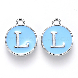 Platinum Plated Alloy Enamel Charms, Cadmium Free & Lead Free, Enamelled Sequins, Flat Round with Letter, Letter.L, 14x12x2mm, Hole: 1.5mm