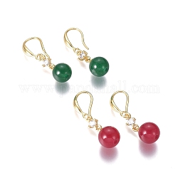 Natürliche weiße Jade Ohrringe, mit runden Perlen aus Zirkonia und Ohrringen aus Messing, gefärbt, Runde, Mischfarbe, 30 mm, Stift: 1 mm