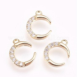 Brass Micro Pave Cubic Zirconia Charms, Nickel Free,  Moon, Clear, Real 18K Gold Plated, 10.5x8.5x1.5mm, Hole: 1mm