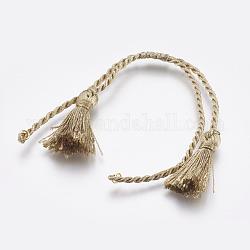 Bracelets torsadés en polyester, avec pendentifs pompon & en laiton, kaki foncé, 11 pouces ~ 12-5/8 pouces (28~32 cm), 2mm, Trou: 2mm