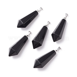 Natürliche schwarze Obsidian spitze Anhänger, mit platinierten Messingschlaufen, Kugel, 35.3~38x13~14 mm, Bohrung: 6.5x2.8 mm