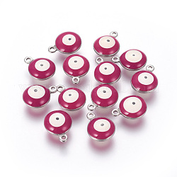 304 Edelstahl Emaille Anhänger / charms, flach rund mit bösen Blick, Edelstahl Farbe, Medium violett rot, 11x8x3.5 mm, Bohrung: 1.5 mm