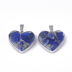 Naturales lapis lazuli colgantes, con vidrio y 304 fornituras de acero inoxidable, corazón, color acero inoxidable, 19x21x6mm, agujero: 3x5.5 mm