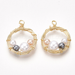 Brass Wire Wrapped Pendants, with Plastic Imitation Pearl, Flat Round, Nickel Free, Real 18K Gold Plated, 24x19x6mm, Hole: 1.8mm