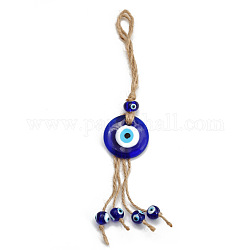 Décorations de pendentif oeil bleu chanceux turc mauvais œil plat rond, avec une corde de chanvre, pour hommes femmes clé de voiture, bleu, 240x40mm
