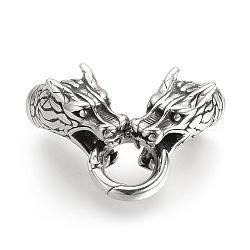 304 пружинное кольцо из нержавеющей стали, уплотнительные кольца, с двумя конечными шнур шапки, голова дракона, античное серебро, конец шнура: 50x10x13 мм, отверстие : 6 мм