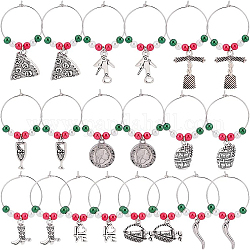 BENECREAT 20Sets 10 Styles Antique Silver Wine Glass Charms, Wine Barrel Opener Italian Horn Pendant with 3 Colors Pearl Glass Markers for Wine Tasting Party Decoration