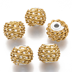 Perles Indonésiennes manuelles, avec des chaînes d'aluminium, ronde, couleur d'argent, jaune clair, 16.5~18x14~15mm, Trou: 3~3.5mm