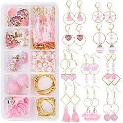 Kits de fabricación de aretes estilo rosa diy sunnyclue, con cáscara de agua dulce, aleación, resina, tela, borlas de nailon y colgantes de globo de vidrio, fornituras de pendientes de latón, dorado