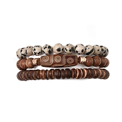 Ensemble de bracelets extensibles en perles de dalmatien et de coco naturel, 3 styles, 3 pièce, bracelets empilables tibétains dzi, couleur mixte, diamètre intérieur: 2~2-1/8 pouce (5~5.5 cm), 1pc / style