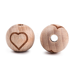 Cuentas de madera de haya grabadas, redondo, burlywood, sin teñir, redondo, patrón del corazón, 15~16x14.5~15mm, agujero: 3~4 mm