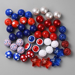 50pcs 8 perles acryliques de style, thème de la fête de l'indépendance, ronde et étoiles, couleur mixte, 19~20x18~20mm, Trou: 2.7~3.2mm