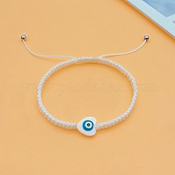 Coeur mauvais œil coquille perle tressée bracelets de perles, bracelets réglables en cordon de polyester pour femmes, blanc, coeur: 3/8 pouce (1cm)