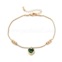 Bracelet à breloques cœur en verre avec chaînes à maillons, bijoux en acier inoxydable doré 304 pour femme, vert foncé, 8-5/8 pouce (22 cm)