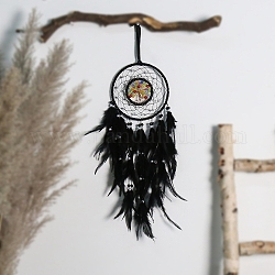 Toile/filet tissé en perles d'imitation de fer et de résine avec décorations de pendentif en plumes, plat rond avec décoration murale en forme d'arbre, noir, 150mm