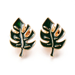 Alloy Enamel Brooches, Enamel Pin, with Brass Butterfly Clutches, Leaf, Light Gold, Cadmium Free & Nickel Free & Lead Free, Dark Green, 25x17x2mm, Pin: 1mm