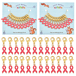 12Pcs Alloy Enamel Breast Cancer Awareness Ribbon Charm Locking Stitch Markers, Golden Tone Zinc Alloy Lobster Claw Clasp Locking Stitch Marker, Deep Pink, 3.3cm