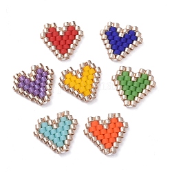 Japanische Miyuki-Saatperlen, handgefertigte Anhänger, Webstuhl Muster, mit Polyesterfäden, Herz, Mischfarbe, 11~12x11~12x1.5 mm, 7 Stück / Set