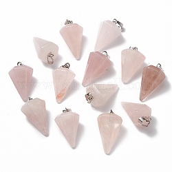 Conos / púas / péndulo colgantes naturales de piedra de cuarzo rosa, con fornituras de hierro plateado platino, 25~27x14x14mm, agujero: 6x3 mm