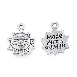 Tibetan Style Alloy Charms, Cadmium Free & Lead Free, Sun with Word Made with a Smile, Antique Silver, 15x12x2.5mm, Hole: 1.5mm, about 1000pcs/1000g