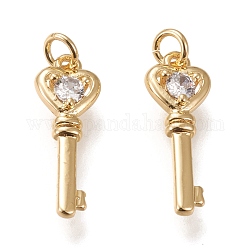 Brass Micro Pave Cubic Zirconia Pendants, Long-lasting Plated, Heart Key, Clear, Golden, 18x6.5x2mmJump Rings: 4x0.8mm, Inner Diameter: 2.4mm