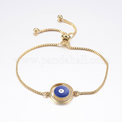 Bracelets réglables en laiton avec zircone cubique à micro-pavé, bracelets bolo, avec l'émail, et chaînes en laiton, oeil, bleu, or, 10-1/4 pouce (260 mm)