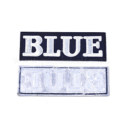 Tela de bordado computarizada para planchar / coser parches, apliques, accesorios de vestuario, rectángulo con palabra azul, azul de Prusia, 117x42x1.5mm