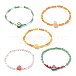 5Pcs 5 Style Lemon & Strawberry & Watermelon Polymer Clay & Glass Seed Beaded Stretch Bracelets Set, Fruit Theme Jewelry for Women, Mixed Color, Inner Diameter: 2 inch(5cm), 1Pc/style