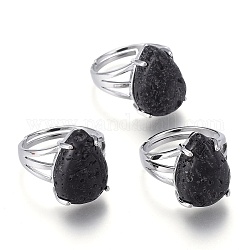 Anillos de dedo de roca de lava natural ajustables, con fornituras de latón de platino plateado, lágrima, tamaño de 8, diámetro interior: 18 mm